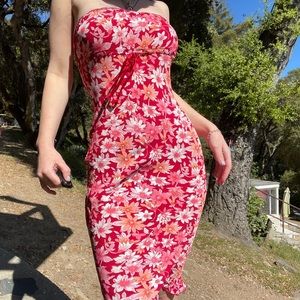 Red and pink floral body con dress